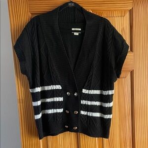 Maeve Anthropologie Black Short-Sleeve Cardigan Sweater with White Stripes